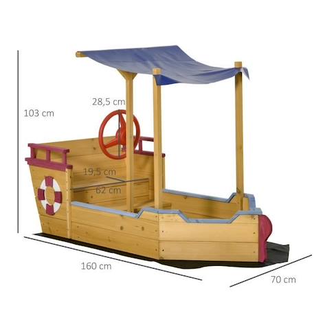 Bac à Sable Bateau de Pirate en Bois - Outsunny - Voile d'ombrage, Coffre Rangement, gouvernail ORANGE 3 - vertbaudet enfant 