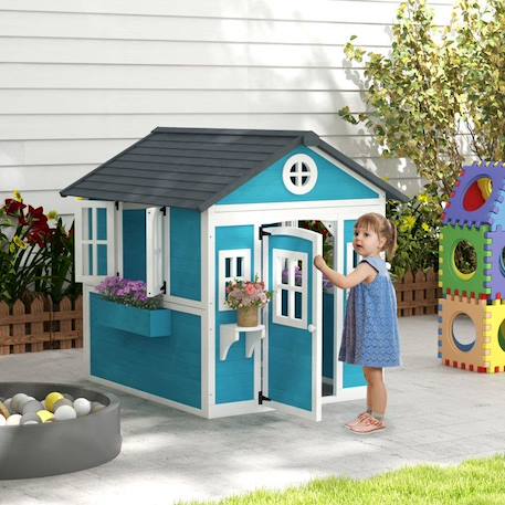 Cabane enfant extérieur - Outsunny - avec porte fenêtres et jardinières - 114 x 126,4 x 135 cm - bleu BLEU 3 - vertbaudet enfant 