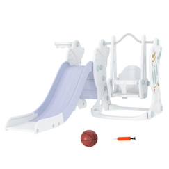 Portique enfant toboggan et balançoire avec panier de basket-ball - aire de jeux 3 en 1 - usage intérieur extérieur - blanc gris  - vertbaudet enfant