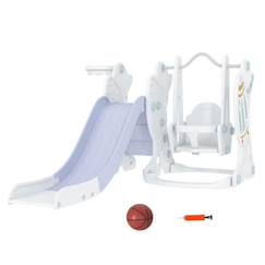 Jouet-Jeux de plein air-Jeux de jardin-Portique enfant toboggan et balançoire avec panier de basket-ball - aire de jeux 3 en 1 - usage intérieur extérieur - blanc gris