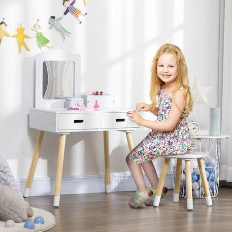 Coiffeuse enfant design scandinave - tabouret inclus - 2 tiroirs, niche, miroir - bois pin MDF blanc 60x40x95cm Blanc BLANC 2 - vertbaudet enfant 