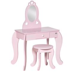 Chambre et rangement-Chambre-Coiffeuse enfant design girly avec motifs à coeur - tabouret inclus - dim. 60L x 36l x 88H cm - tiroir, miroir - MDF - rose