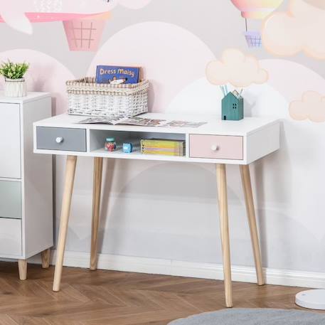 Bureau enfant - HOMCOM - Style scandinave - Tiroir et rangement - MDF et pin - Blanc gris et rose ROSE 2 - vertbaudet enfant 