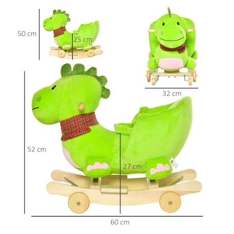 HOMCOM Cheval à Bascule Jouet à Bascule Dinosaure et Porteur sur roulettes 2 en 1 Fonction Musicale 32 Pistes Ceinture sécurité Vert VERT 3 - vertbaudet enfant 