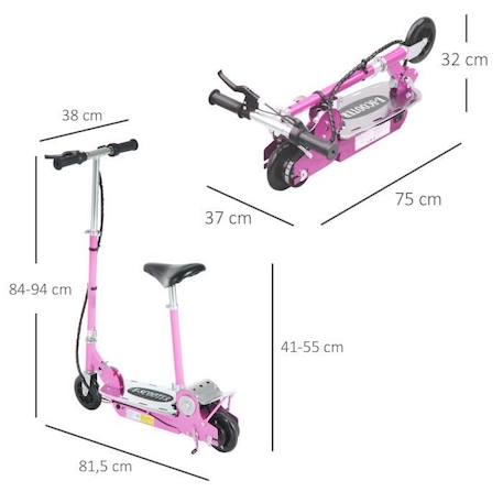 Trottinette électrique pliable pour enfants - HOMCOM - 120 W - Hauteur de guidon et selle réglable - Rose ROSE 3 - vertbaudet enfant 