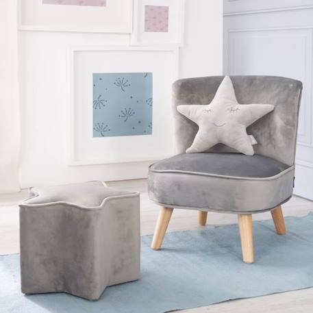 ROBA Fauteuil et Pouf Enfant Lil Sofa + Coussin Décoratif Étoile - Ensemble en Velours - Gris Argenté GRIS 2 - vertbaudet enfant 