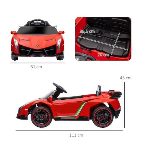 HOMCOM Voiture électrique licence Lamborghini Veneno 12V pour enfants avec portes papillon pour 3-6 ans, rouge ROUGE 3 - vertbaudet enfant 