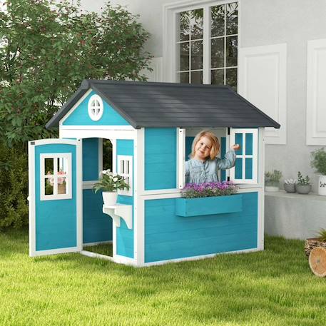 Cabane enfant extérieur - Outsunny - avec porte fenêtres et jardinières - 114 x 126,4 x 135 cm - bleu BLEU 2 - vertbaudet enfant 