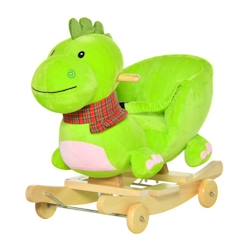 HOMCOM Cheval à Bascule Jouet à Bascule Dinosaure et Porteur sur roulettes 2 en 1 Fonction Musicale 32 Pistes Ceinture sécurité Vert  - vertbaudet enfant