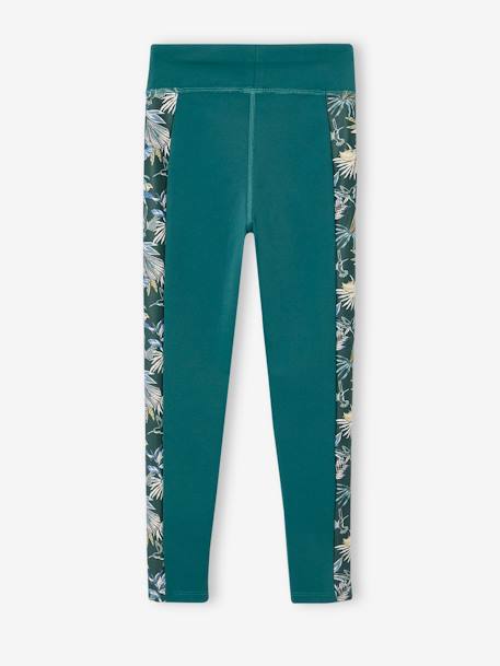 Legging sport matière technique fille bandes côtés fleurs exotiques vert émeraude 2 - vertbaudet enfant 