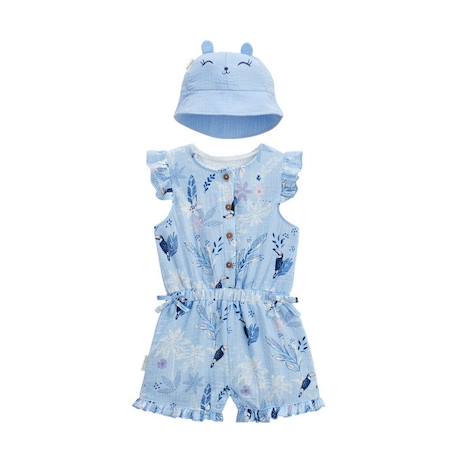 Bébé-Salopette, combinaison-Combishort bébé + chapeau en gaze de coton bleue Bella Chica