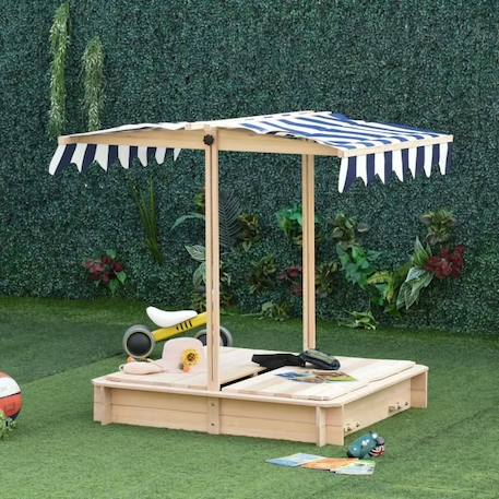 Outsunny Bac à sable carré en bois pour enfants dim. 106L x 106l cm avec bancs et couvercle - auvent réglable ORANGE 2 - vertbaudet enfant 