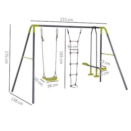 Balançoire portique 3 agrès HOMCOM - Balançoire, échelle et Face à Face - Métal époxy anticorrosion PE GRIS 3 - vertbaudet enfant 