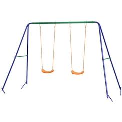 Jouet-Jeux de plein air-Balançoire 2 agrès portique avec 2 balançoires dim. 2,69L x 1,6l x 1,8H m métal époxy anticorrosion vert bleu PP orange