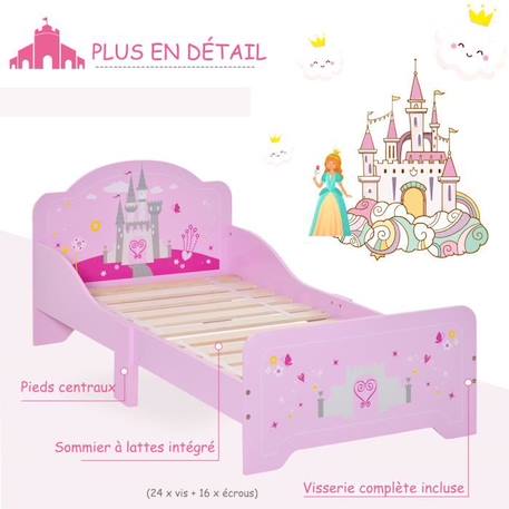 Lit Enfant - HOMCOM - Design Princesse Motif château - sommier à Lattes Inclus - MDF Contre-plaqué Rose ROSE 4 - vertbaudet enfant 