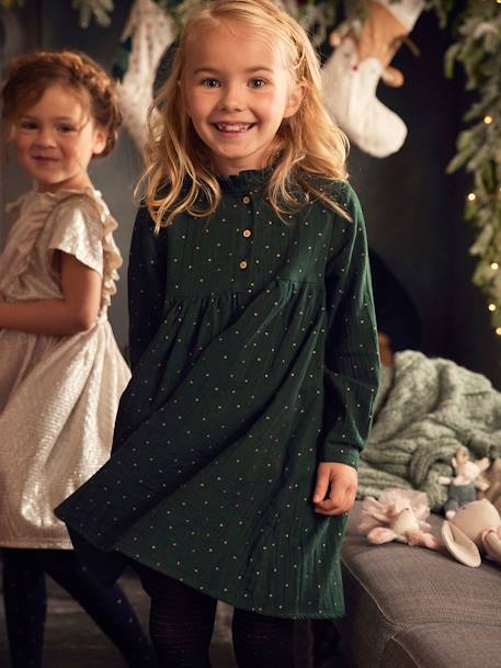 Robe en gaze de coton détails fantaisie fille beige+bordeaux imprimé+vert imprimé 14 - vertbaudet enfant 