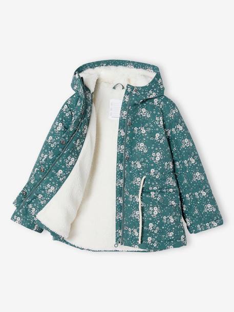 Parka à capuche motifs fleurs doublée sherpa fille vert émeraude 2 - vertbaudet enfant 