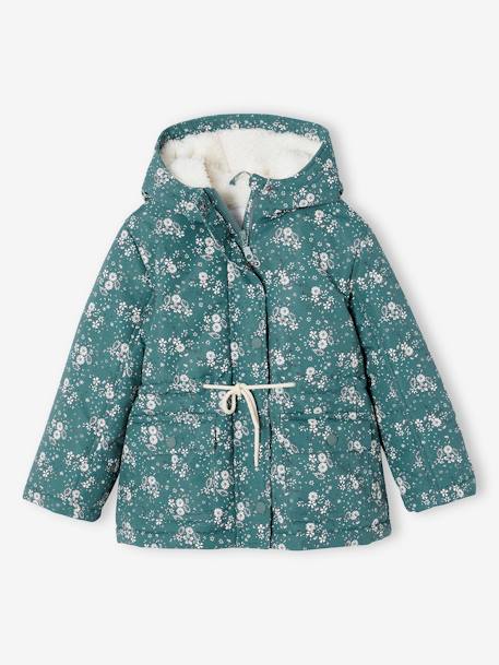 Parka à capuche motifs fleurs doublée sherpa fille vert émeraude 1 - vertbaudet enfant 