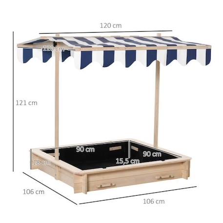 Outsunny Bac à sable carré en bois pour enfants dim. 106L x 106l cm avec bancs et couvercle - auvent réglable ORANGE 3 - vertbaudet enfant 