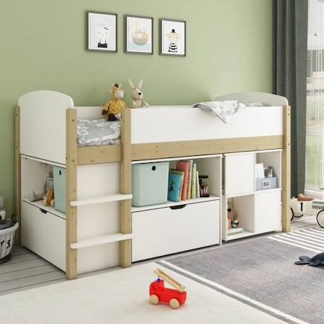 Lit mi-hauteur avec bureau et rangements en pin blanc 90x200 Ninon BLANC 2 - vertbaudet enfant 