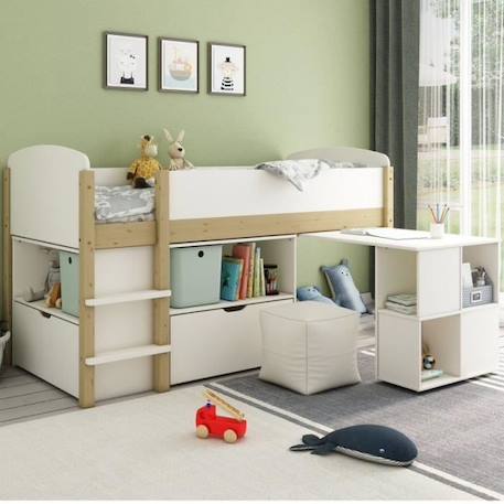 Lit mi-hauteur avec bureau et rangements en pin blanc 90x200 Ninon BLANC 1 - vertbaudet enfant 