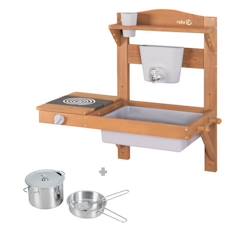 Jouet-Jeux d'imitation-Cuisines et dinette-ROBA Jeu Cuisine Enfant à Suspendre pour Extérieur avec Bac Amovible - Jouet d'Imitation avec Accessoires - Bois Massif Teck