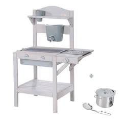 Jouet-Jeux d'imitation-Cuisines et dinette-ROBA Jeu Cuisine Enfant pour Extérieur - Jouet d'Imitation avec Bac Amovible et Accessoires - Bois Massif Gris Clair