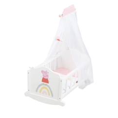 Jouet-Poupons et poupées-Poupées mannequins et accessoires-Berceau de Poupée Peppa Pig en Bois - Linge de Lit Inclus - Motif Truie - Nurserie poupon - Blanc - Rose - ROBA