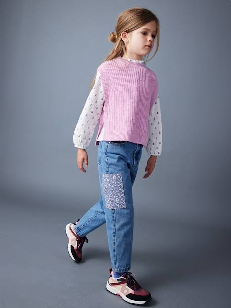 Jean loose avec patchs à fleurs fille bleu moyen 2 - vertbaudet enfant 