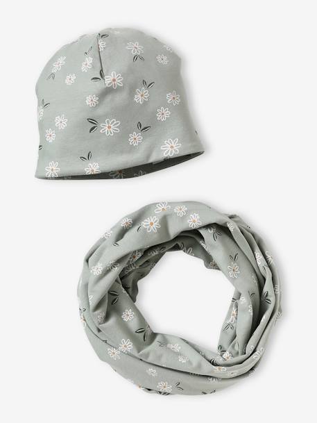 Fille-Accessoires-Bonnet, écharpe, gants-Ensemble fleuri fille bonnet + snood