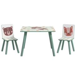 Chambre et rangement-Chambre-Bureau, table-Table-Ensemble table et chaises enfant design animaux de la forêt - table carrée + 2 chaises - bois pin MDF vert