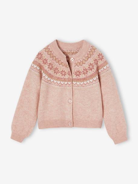 Gilet jacquard fille maille fantaisie fil brillant écru+rose poudré 6 - vertbaudet enfant 