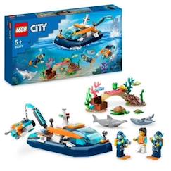 Jouet-LEGO® City 60377 Le Bateau d’Exploration Sous-Marine, Jouet avec Figurines Animaux Marins