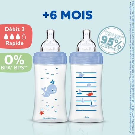 DODIE Lot de 3 Biberons Anti-Colique Sensation+ 330ml +6 Mois, Tétine Plate, Débit 3 - Bleu Mer et Vert Air BLEU 2 - vertbaudet enfant 