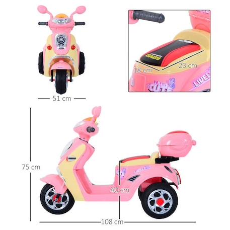 Moto scooter électrique pour enfants 6 V env. 3 Km/h 3 roues et topcase effet lumineux et sonore rose ROSE 3 - vertbaudet enfant 