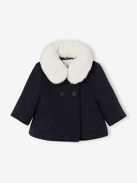 Manteau bébé fille en drap de laine col en fausse fourrure amovible marine 1 - vertbaudet enfant 