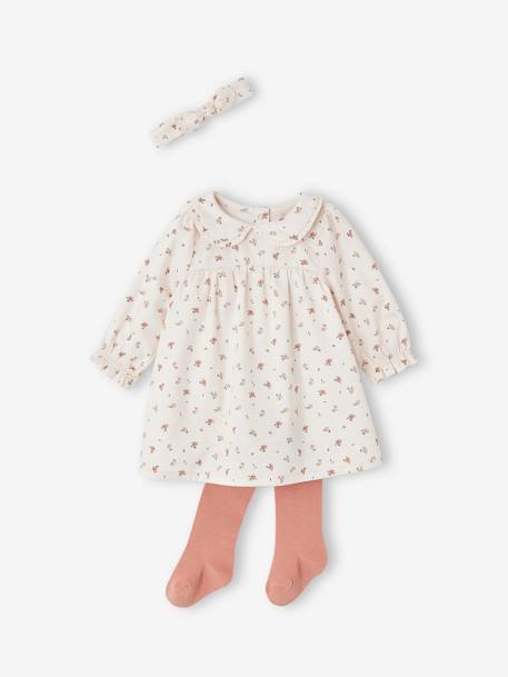 Ensemble 3 pièces bébé naissance robe + collant + bandeau écru 1 - vertbaudet enfant 