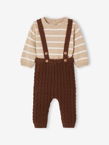 Ensemble bébé pull rayé et pantalon à bretelles en tricot torsadé chocolat 2 - vertbaudet enfant 