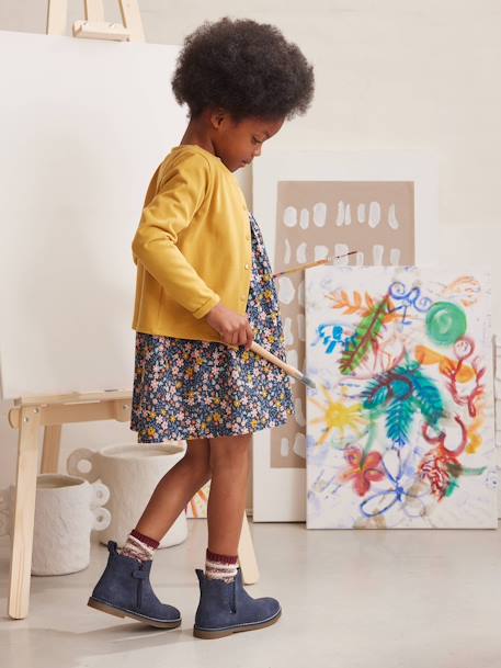 Ensemble fille cardigan et robe imprimée fleurs moutarde+rose+vert émeraude 1 - vertbaudet enfant 