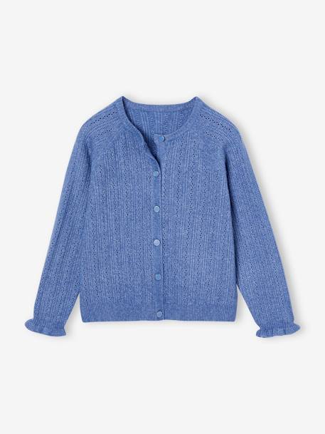 Gilet fille en maille mousseuse ajourée bleu chambray+écru 1 - vertbaudet enfant 