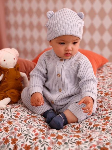 Ensemble bébé combinaison en tricot et bonnet à oreilles assorti bleu pâle 1 - vertbaudet enfant 