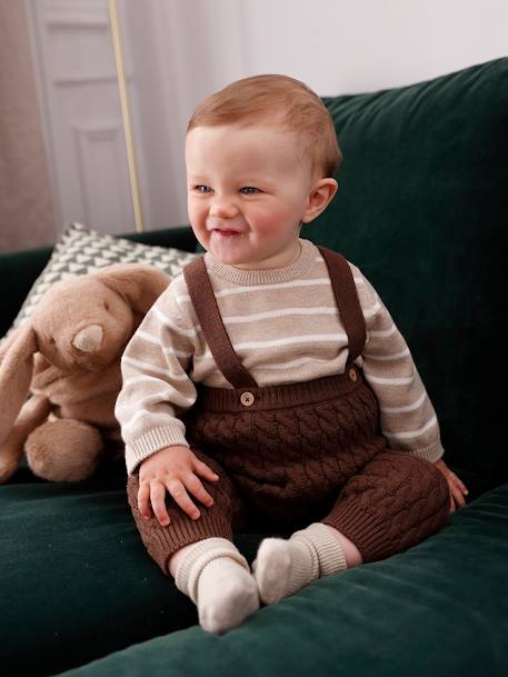 Ensemble bébé pull rayé et pantalon à bretelles en tricot torsadé chocolat 1 - vertbaudet enfant 