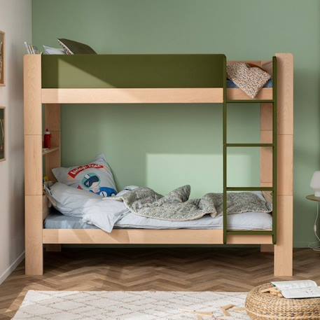 Lit superposé avec rangements en Hêtre naturel et vert 90x190 Arsène BEIGE 2 - vertbaudet enfant 