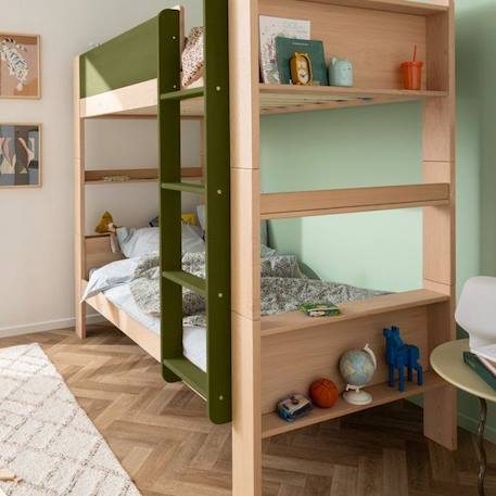 Lit superposé avec rangements en Hêtre naturel et vert 90x190 Arsène BEIGE 3 - vertbaudet enfant 