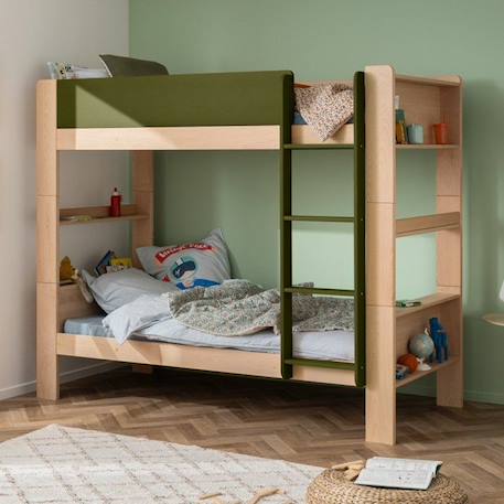 Lit superposé avec rangements en Hêtre naturel et vert 90x190 Arsène BEIGE 1 - vertbaudet enfant 