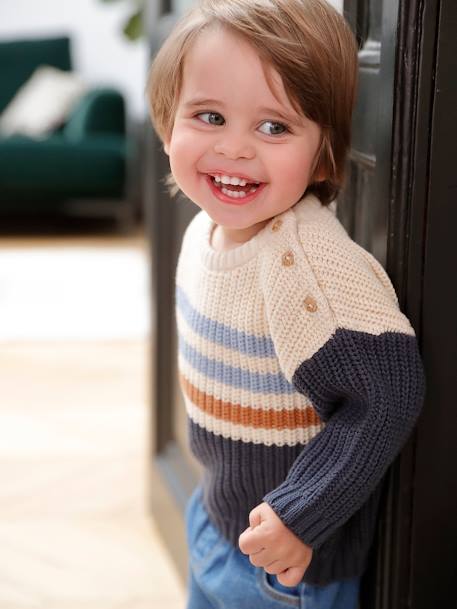 Pull à rayures colorées boutonné épaule bébé garçon bleu ardoise 1 - vertbaudet enfant 