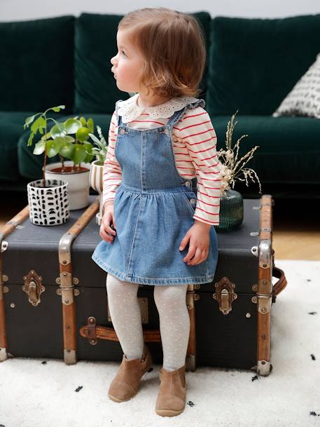 Robe salopette en denim bébé bretelles volantées stone 1 - vertbaudet enfant 