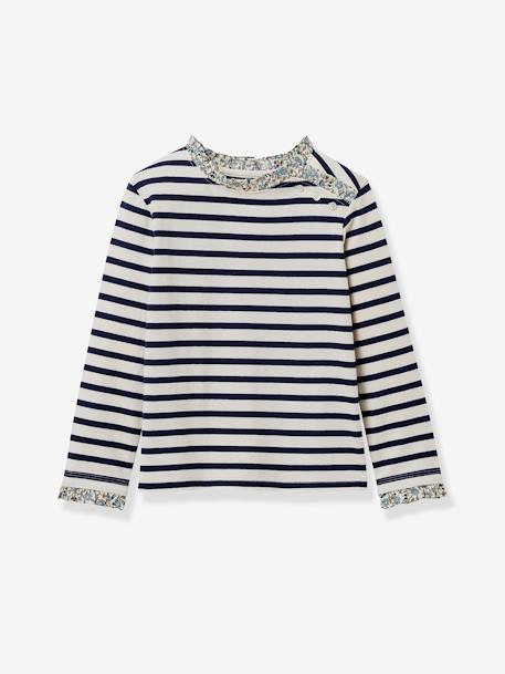 Tee-shirt marinière fille en tissu liberty - coton biologique -CYRILLUS marine+vert 1 - vertbaudet enfant 