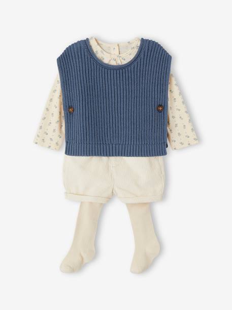 Ensemble 4 pièces bébé : T-shirt + short + pull + collant bleu jean+vieux rose 1 - vertbaudet enfant 