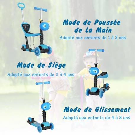 Trottinette pour enfants trottinette 3 roues évolutive 3 en 1 hauteur guidon réglable canne telescopique selle dossier amovible BLEU 4 - vertbaudet enfant 